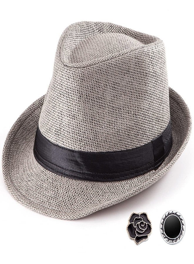 LADYBRO Summer Grey Straw Trilby Fedora Hat for Men 1920s Short Brim Panama Cap 7 1/4 - Image 1